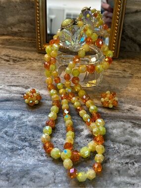 West Germany Beaded Double Necklace & Clip Earring Atomic Mob AB Beads